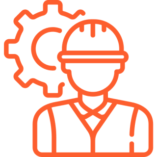 Icon of a person wearing a hard hat and safety vest, with a gear symbol in the background.