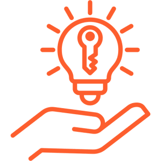 An orange outline of a hand holding a lightbulb with a key inside, symbolizing ideas and solutions.